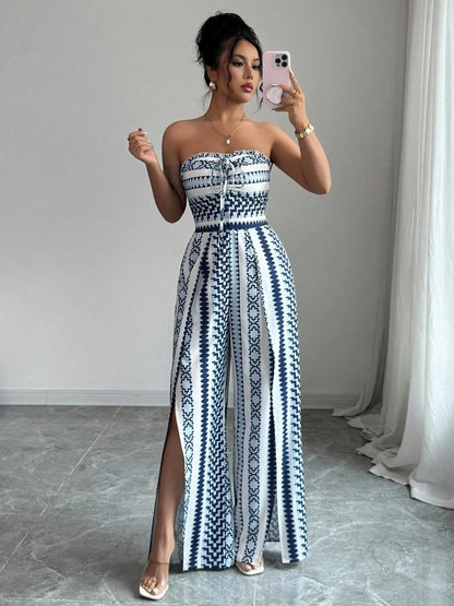 👗 LIMITED-TIME 50% OFF! 💥 Geometric Jumpsuit with Halter Neckline & Side Slit – Unique Print, Elastic Back, Versatile ✨