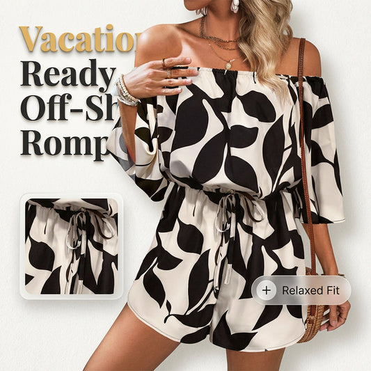 👗 LIMITED-TIME 50% OFF! ✨ Women's Off-Shoulder Shorts Jumpsuit – Abstract Leaf Print, Drawstring Waist, Vacation Ready 🌿