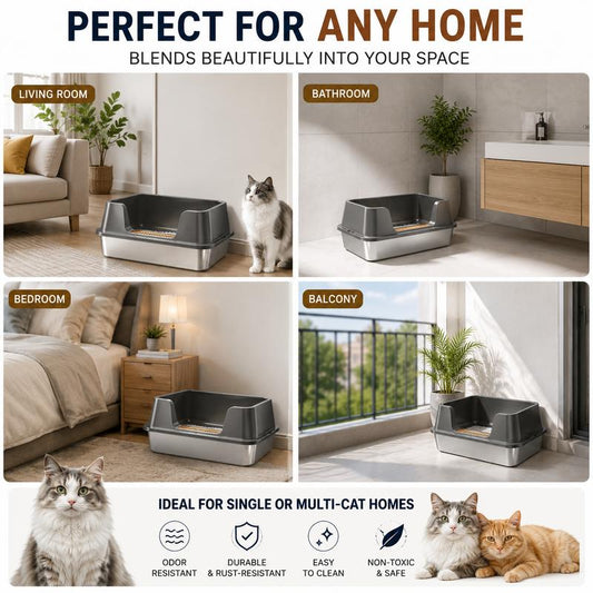 🎉 2026 Sale — Over 18,000 Sold! 🐱 Stainless Steel Cat Litter Box – Anti-Tracking High Walls 🧼