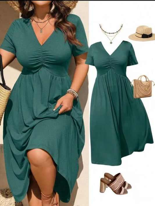 🎉 2026 Sale — Over 50,000 Sold!👗Plus Size V-Neck Ruched Short Sleeve Midi Dress, Casual Summer Flowy A-Line Dress
