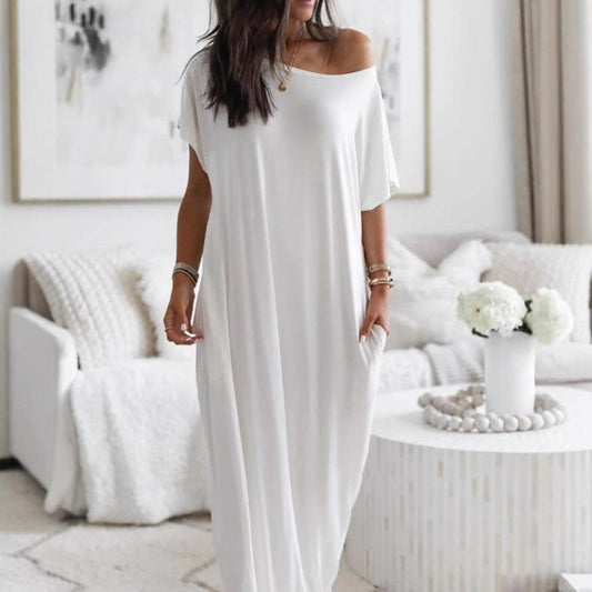 🔥Last Day Special Price £20.99!!💃Women's Summer Casual Loose Solid Color Short-Sleeve Long Dress