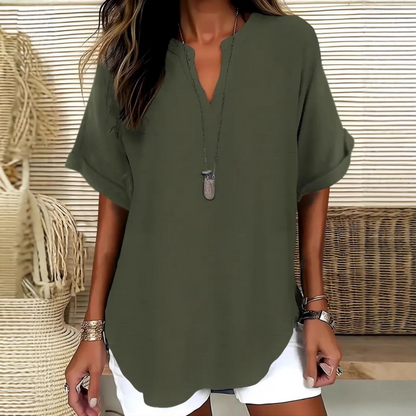 💎 60% OFF! 💎 Fashion Loose Short Sleeve Top – Notched V-Neck, Asymmetrical Hem & Lightweight Fabric (5 Colors, S–2XL) 👕🌸