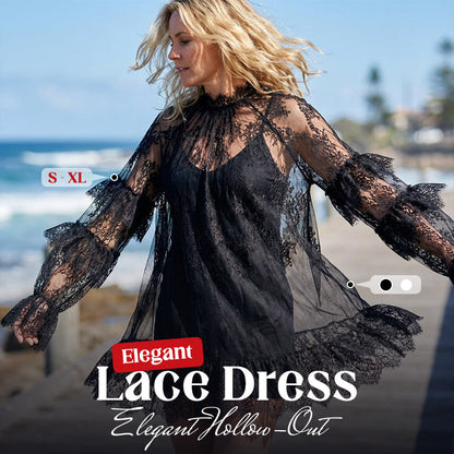 👗 LIMITED-TIME 50% OFF! ✨ Elegant Hollow-Out Lace Dress – Ruffled Sleeves, Flowy, Versatile 🌸