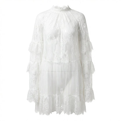 👗 LIMITED-TIME 50% OFF! ✨ Elegant Hollow-Out Lace Dress – Ruffled Sleeves, Flowy, Versatile 🌸