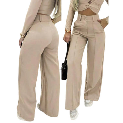 Women's High-Waist Wide-Leg Solid Color Trousers