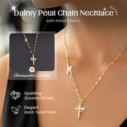 💎 50% OFF! 💎 Dainty Petal Chain Necklace with Initial Charm – Adjustable, Sparkling & Faith-Inspired Design ✨📿