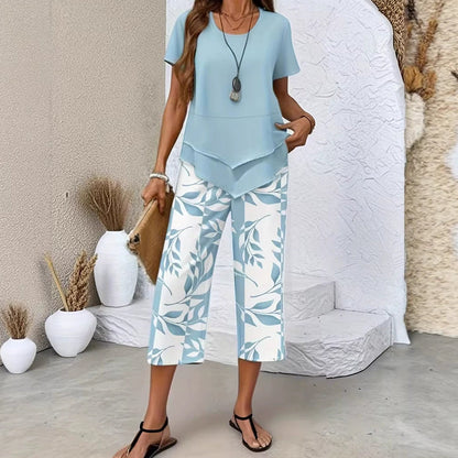 💥Last Day Special Price:£ 21.99👗Women's 2-Piece Set – Layered Asymmetrical Tunic Top & Printed Wide Leg Pants, Breathable Polyester✨
