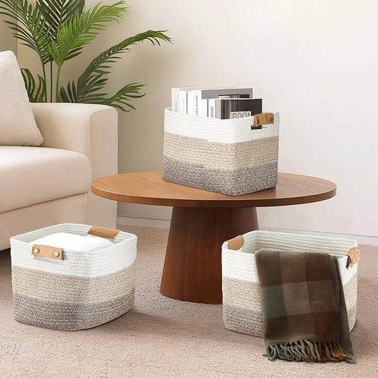 🧺 LIMITED-TIME 50% OFF! 💥 Woven Cotton Rope Storage Basket with Handles – 2-Tone, Leather Handles, Versatile ✨