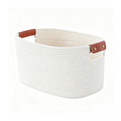 🧺 LIMITED-TIME 50% OFF! 💥 Woven Cotton Rope Storage Basket with Handles – 2-Tone, Leather Handles, Versatile ✨