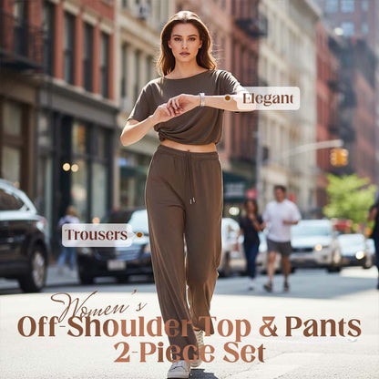 👗 LIMITED-TIME 50% OFF! 💥 Women's 2-Piece Set – Off-Shoulder Top, Wide-Leg Pants, Soft Fabric ✨