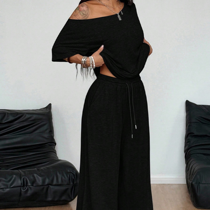 👗 LIMITED-TIME 50% OFF! 💥 Women's 2-Piece Set – Off-Shoulder Top, Wide-Leg Pants, Soft Fabric ✨