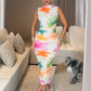 🌸 LIMITED-TIME 50% OFF! 👗 Sleeveless Floral Bodycon Midi Dress – High Neck, Ruched, Stretchy Mesh 🌹