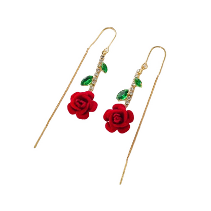 🌹 50% OFF NOW! 💎 Red Rose Threader Earrings with Crystal Stem – Delicate Design, Lightweight & Perfect for Romantic Occasions or Everyday Elegance ✨