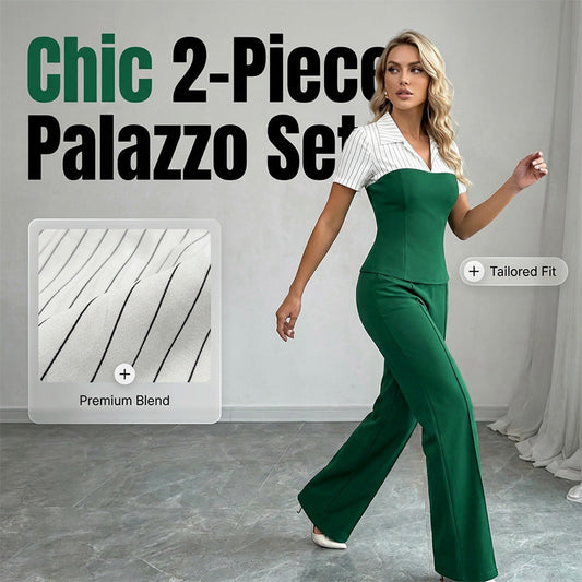 Elegant Striped Lapel Tee & Palazzo Pants 2-Piece Set