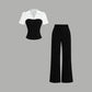 Elegant Striped Lapel Tee & Palazzo Pants 2-Piece Set