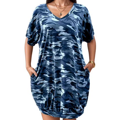 👗 50% OFF NOW! 🌿 Women's Camo T-Shirt Dress – V-Neck & Side Pockets – Relaxed Fit & Banded Hem – Plus Size Friendly 🚶‍♀️