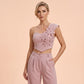 Elegant One-Shoulder Floral Top & Wide-Leg Pants Set
