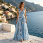 Elegant V-Neck Tulip Print Maxi Dress