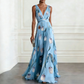 Elegant V-Neck Tulip Print Maxi Dress