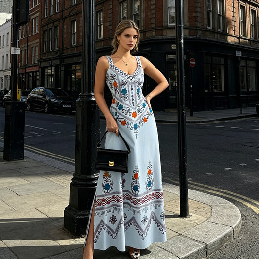 👗 LIMITED-TIME 50% OFF! ✨ Sleeveless Folk Print Slit Dress – Elegant V-Neck, A-Line Silhouette 💃