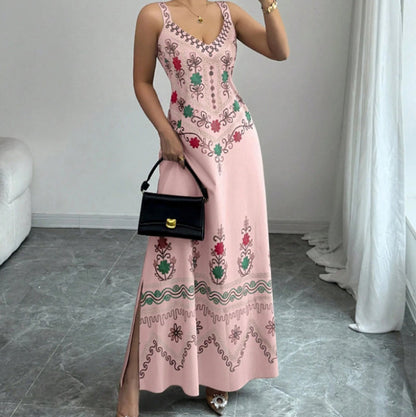 👗 LIMITED-TIME 50% OFF! ✨ Sleeveless Folk Print Slit Dress – Elegant V-Neck, A-Line Silhouette 💃