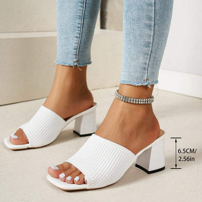 📢📢40% OFF !! ⏰Women's Knit Square Toe Chunky Heel Sandals