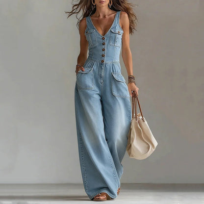 👖 LIMITED-TIME 50% OFF! 💥 Women's Denim Jumpsuit – Button-Front, Wide-Leg, Cotton Blend ✨
