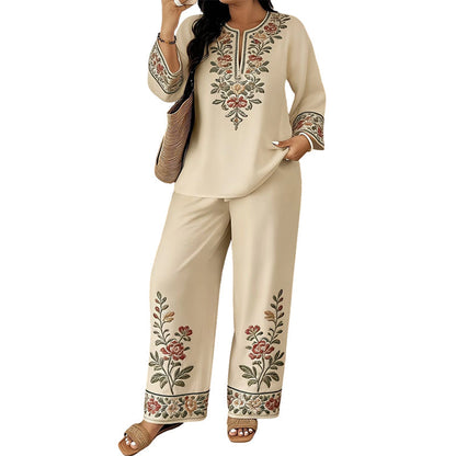 👗 LIMITED-TIME 50% OFF! 💥 Women's Long Sleeve Blouse & Wide-Leg Trousers Set – Floral Embroidery, Split Neckline, Relaxed Fit ✨