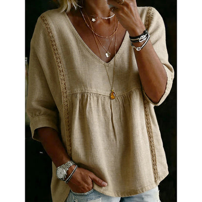 👚 LIMITED-TIME 50% OFF! ✨ Women's V-Neck Lace Trim Top – Flowey Silhouette, 3/4 Sleeves, Bohemian 🌸👚 LIMITED-TIME 50% OFF! ✨ Women's V-Neck Lace Trim Top – Flowey Silhouette, 3/4 Sleeves, Bohemian 🌸