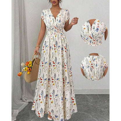 👗 LIMITED-TIME 50% OFF! ✨ Floral V-Neck Maxi Dress – Elegant Smocked Waist, Premium Fabric 💃