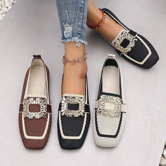 🥿 LIMITED-TIME 50% OFF! ✨ Square Toe Flat Shoes – Breathable Knit, Crystal Buckle, Slip-On 💎