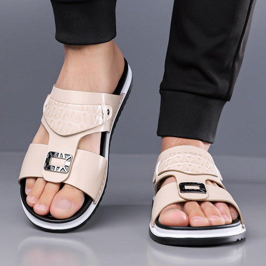 🩴 LIMITED-TIME 50% OFF! ✨ Men’s Faux Leather Slip-On Sandals – Dual-Texture, Cushioned, Durable Sole 🏖️