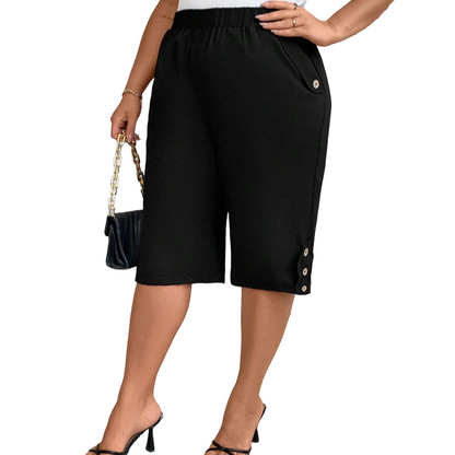 👖 LIMITED-TIME 50% OFF! ✨ Women's Elastic Waist Capri Trousers – Knee-Length, Button Accents, Comfort 🌿