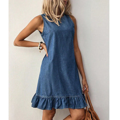 📢📢50% OFF !! ⏰Women's Sleeveless Denim Ruffle Hem Dress