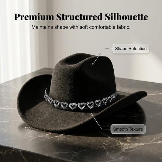 🤠 LIMITED-TIME 50% OFF! 💥 Women's Rhinestone Heart Cowboy Hat – Sparkling, Elegant French Jazz Fedora ✨