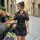 👗 LIMITED-TIME 50% OFF! 💥 Women's Sheer Lace Denim Mini Dress – Contrast Texture, Sexy Sweet, Club-Ready ✨