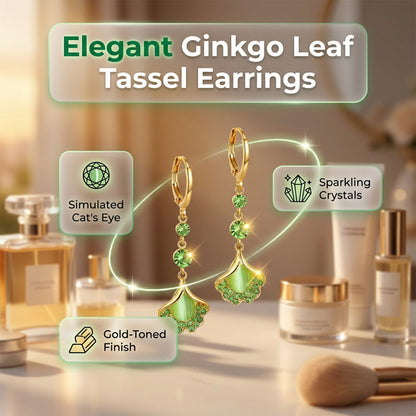 🍃 LIMITED-TIME 50% OFF! 💥 Elegant Ginkgo Leaf Tassel Earrings – Green Stone, Lightweight, Nature-Inspired ✨