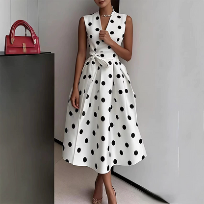 👗 LIMITED-TIME 50% OFF! 💥 Women's Polka Dot Sleeveless V-Neck Dress – Classic Print, Adjustable Tie, Versatile