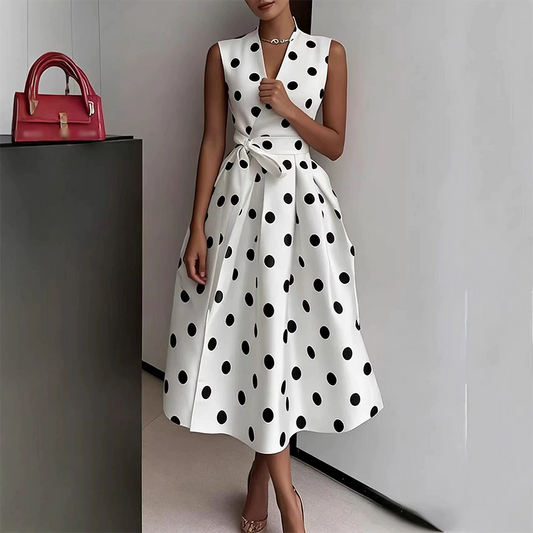 👗 LIMITED-TIME 50% OFF! 💥 Women's Polka Dot Sleeveless V-Neck Dress – Classic Print, Adjustable Tie, Versatile