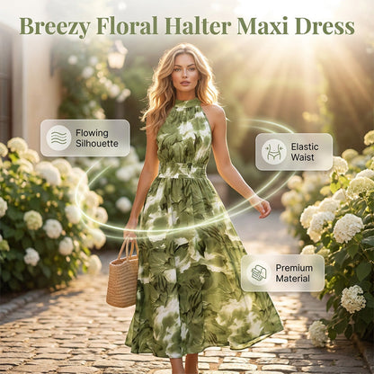 👗 LIMITED-TIME 50% OFF! 💥 Women's Halter Neck Sleeveless Printed Dress – Smocked Waist, Flowing Maxi, Watercolor ✨