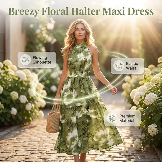 👗 LIMITED-TIME 50% OFF! 💥 Women's Halter Neck Sleeveless Printed Dress – Smocked Waist, Flowing Maxi, Watercolor ✨