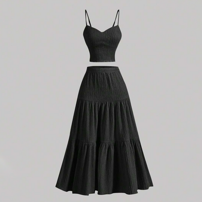 👗 LIMITED-TIME 50% OFF! 💥 High Waist A-Line Skirt and Cami Top Set – Tiered Skirt, Crinkle Fabric, Boho-Chic ✨