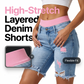 🩳 LIMITED-TIME 50% OFF! 💥 Women's Distressed Denim Shorts with Colorful Leggings Set – High-Stretch, Layered, High-Waist