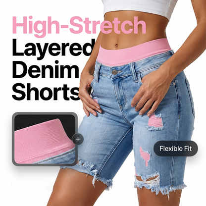🩳 LIMITED-TIME 50% OFF! 💥 Women's Distressed Denim Shorts with Colorful Leggings Set – High-Stretch, Layered, High-Waist