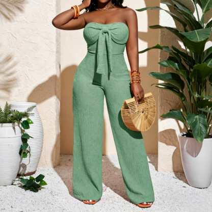 👗 LIMITED-TIME 50% OFF! 💥 Women's Strapless High-Waisted Wide-Leg Jumpsuit – Bustier Top, Bow Detail, Textured ✨