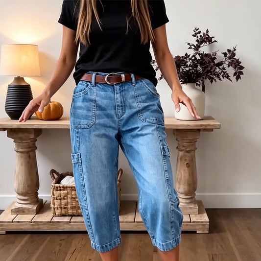 👖 LIMITED-TIME 50% OFF! ✨ Women's Casual Stretchy Cropped Denim Pants – Barrel Fit, Mid-Waist, Multi-Pockets 🌿