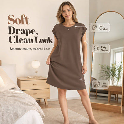 👗 LIMITED-TIME 50% OFF! ✨ Women's Crew Neck Solid Color Dress – Cotton Blend, Cap Sleeves, Relaxed Fit 🌸