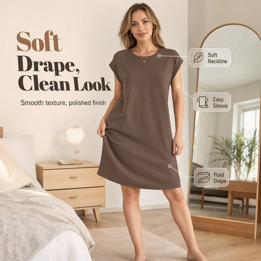 👗 LIMITED-TIME 50% OFF! ✨ Women's Crew Neck Solid Color Dress – Cotton Blend, Cap Sleeves, Relaxed Fit 🌸