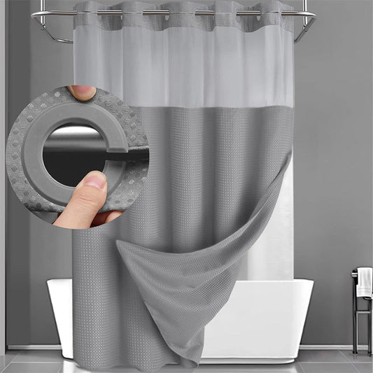 🚿 LIMITED-TIME 50% OFF! ✨ Waffle Pattern Shower Curtain – Double Waterproof, Snap Buttons, Clear Top Window 🛁