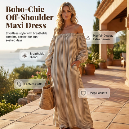 👗 LIMITED-TIME 50% OFF! ✨ Women's Off-Shoulder Maxi Dress – Lantern Sleeves, Relaxed Fit, Side Pockets 🌸